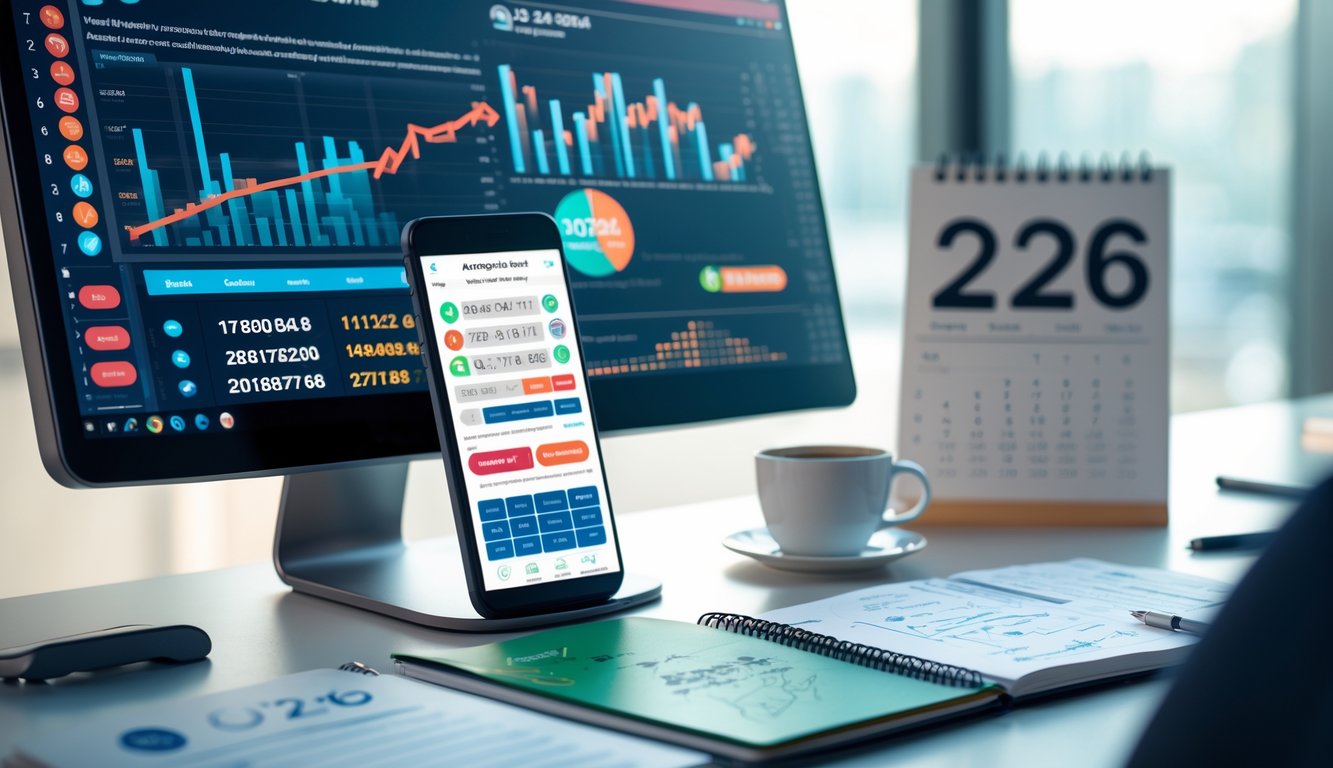 Meja kerja modern dengan komputer, ponsel, dan catatan strategi togel online 2D tahun 2026.