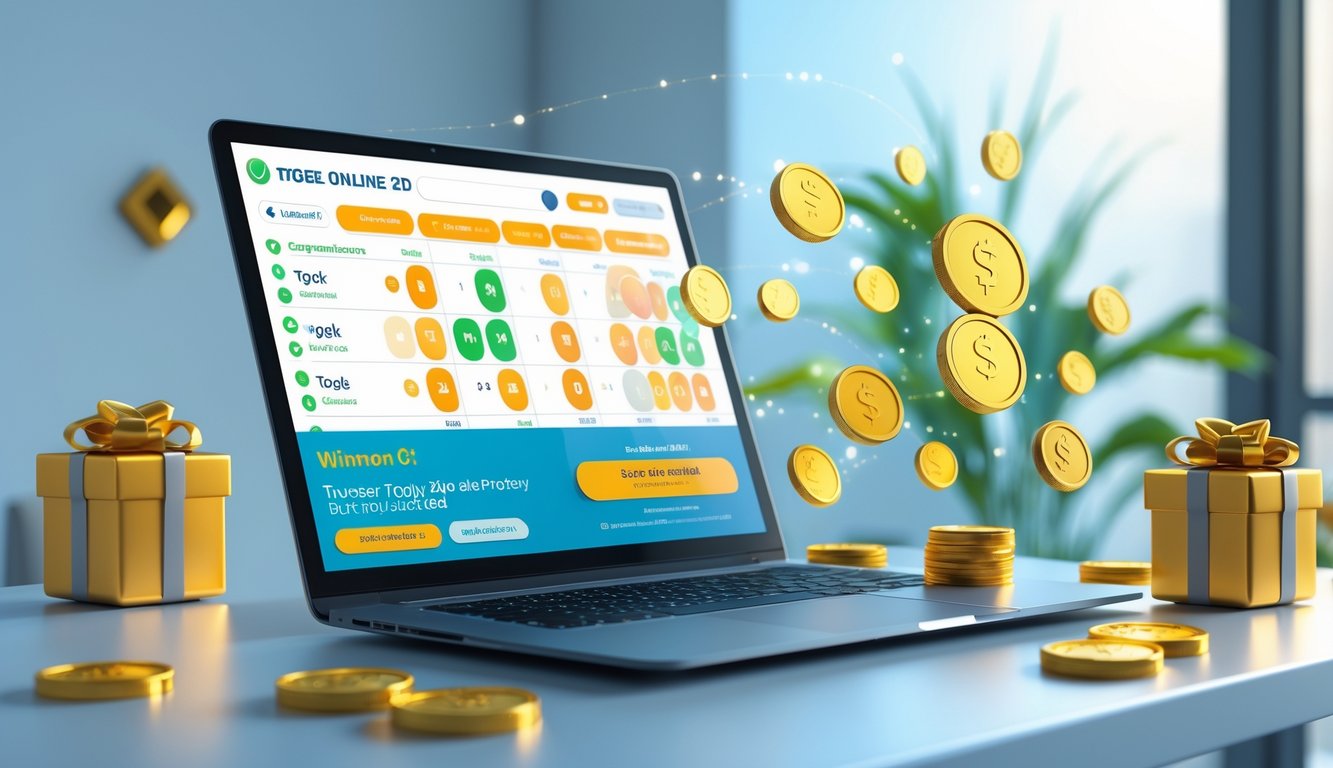 Seorang pengguna sedang melihat layar laptop yang menampilkan situs togel online dengan elemen koin emas dan ikon keamanan di meja kerja yang rapi.