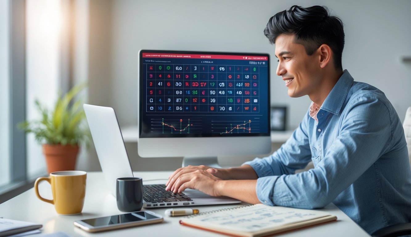Seorang dewasa muda duduk di meja dengan laptop dan catatan, terlihat fokus dan tersenyum, menunjukkan kesuksesan dalam prediksi togel online.