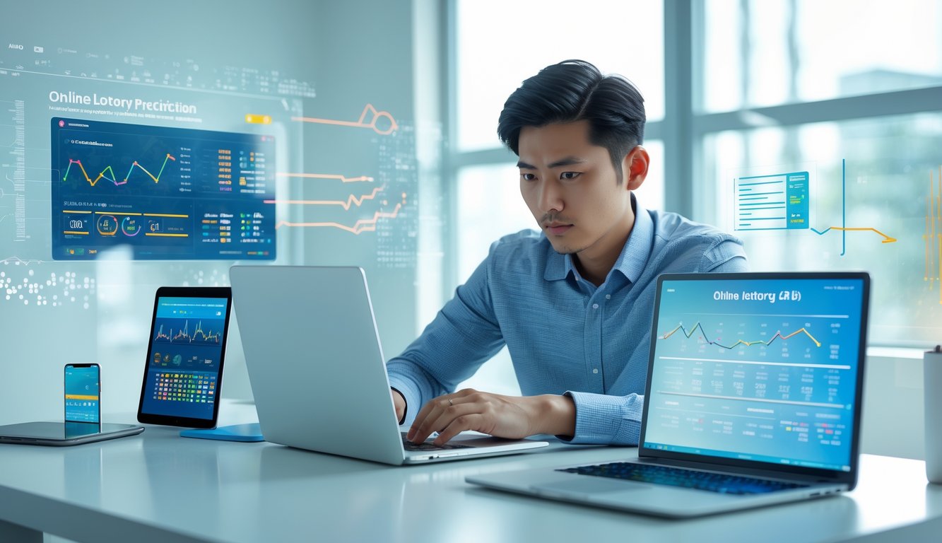 Seorang pria muda sedang bekerja di depan laptop dengan data dan grafik di layar, menunjukkan fokus dan keahlian dalam prediksi togel online.