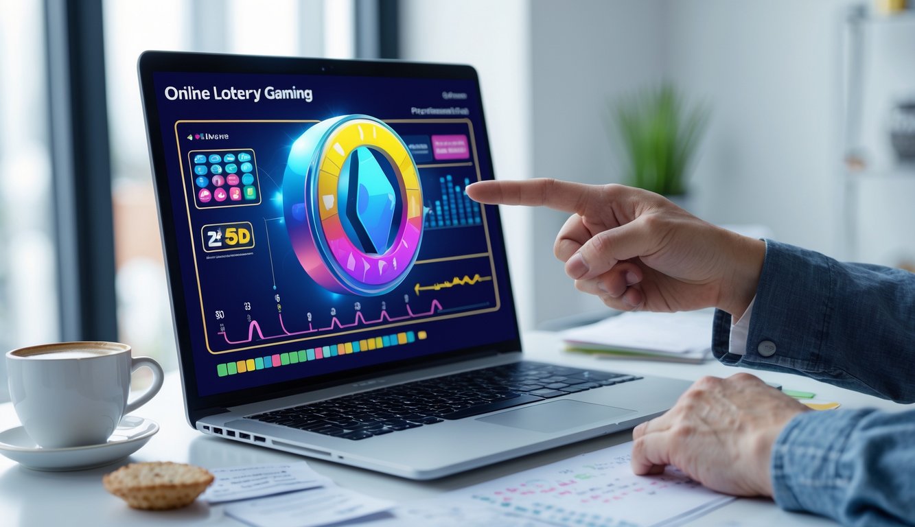 Dua orang sedang berdiskusi di depan laptop yang menampilkan permainan togel online, dengan suasana ruang kerja yang terang dan rapi.