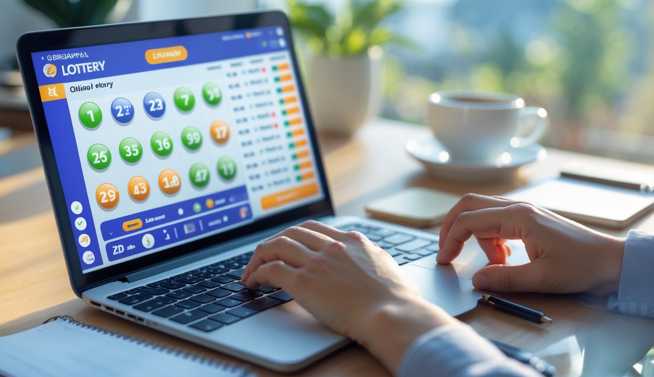 Meja kerja dengan laptop yang menampilkan antarmuka togel online 2D, tangan seseorang sedang menggunakan laptop, dan ponsel di dekatnya, dengan suasana terang dan nyaman.