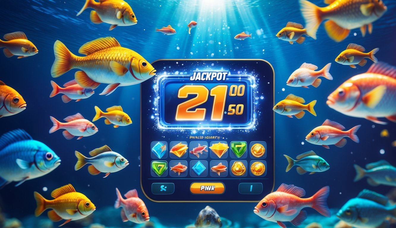 Adegan bawah laut dengan berbagai ikan berwarna-warni, tampilan jackpot besar yang menyala, dan ikon senjata super lengkap di layar permainan.