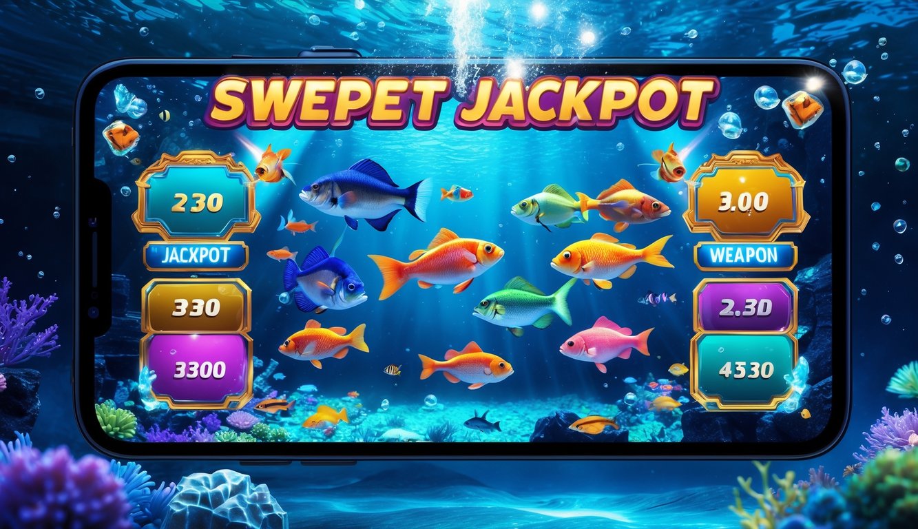 Tampilan layar permainan menembak ikan 2D dengan berbagai ikan berwarna-warni dan ikon senjata di latar bawah laut.