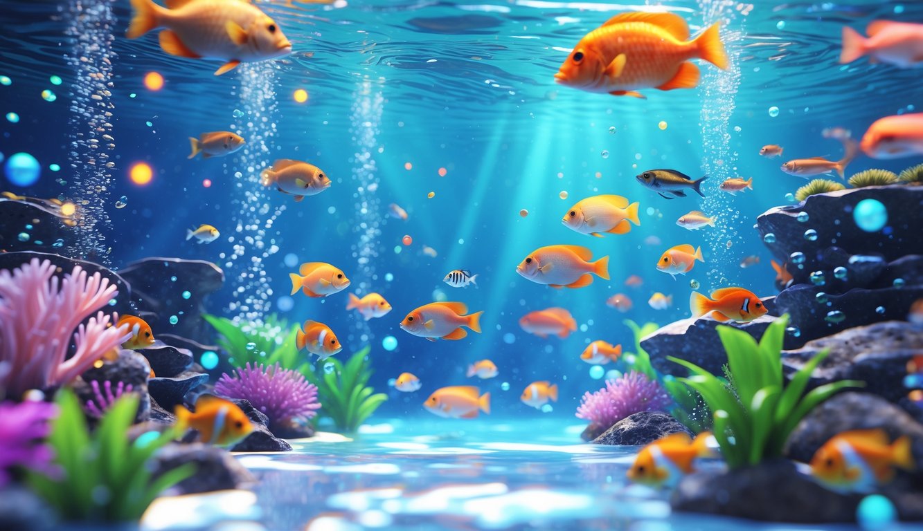 Pemandangan bawah laut dengan berbagai ikan berwarna-warni dan terumbu karang yang jelas dan hidup.