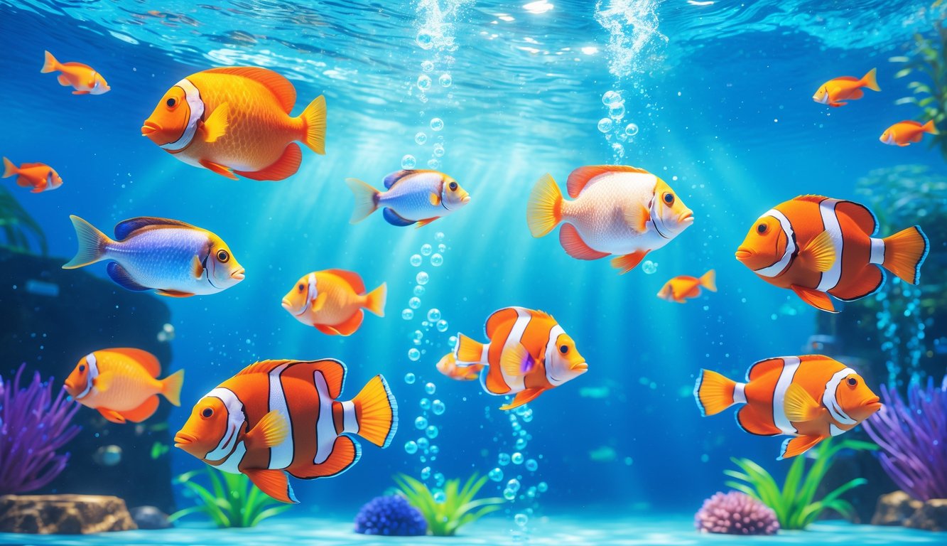 Pemandangan bawah laut dengan berbagai ikan berwarna-warni yang berenang di air jernih, menggambarkan suasana permainan tembak ikan 2D yang populer.