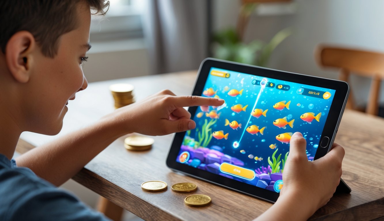 Seseorang muda sedang bermain game tembak ikan 2D di tablet di dalam ruangan dengan latar meja kayu dan dekorasi minimalis.
