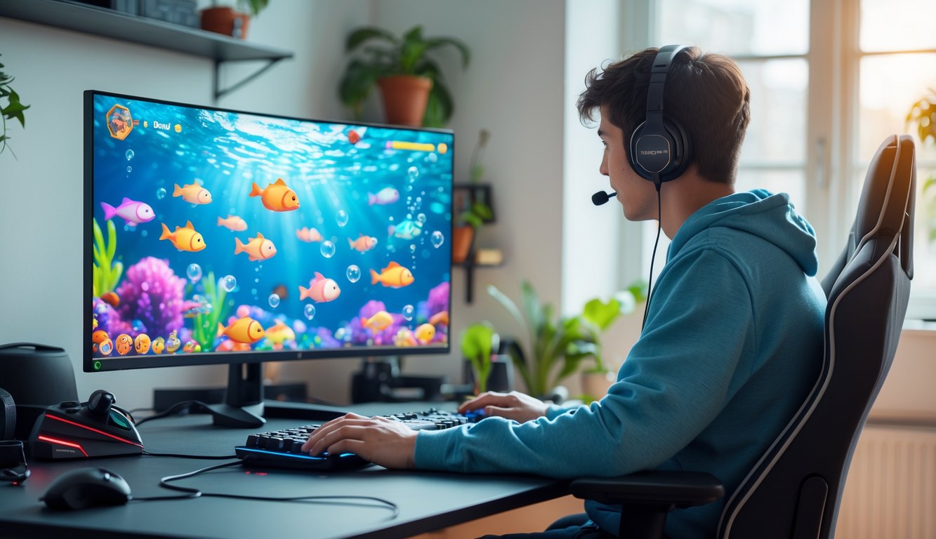 Seorang pemula sedang bermain game tembak ikan 2D di depan komputer di sebuah ruangan yang nyaman dan terang.