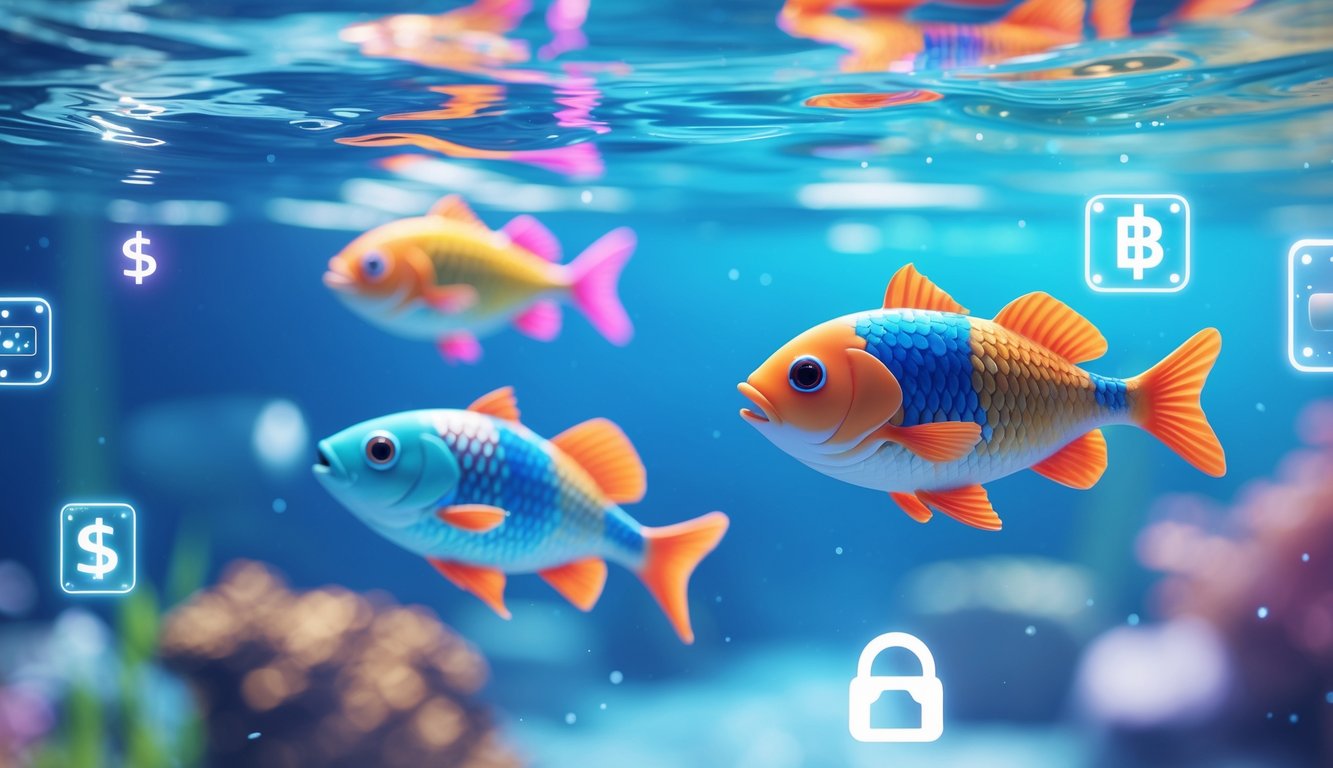 Pemandangan bawah laut dengan ikan 2D berwarna-warni yang berenang di air jernih, dikelilingi elemen digital yang melambangkan pembayaran cepat dan terpercaya.