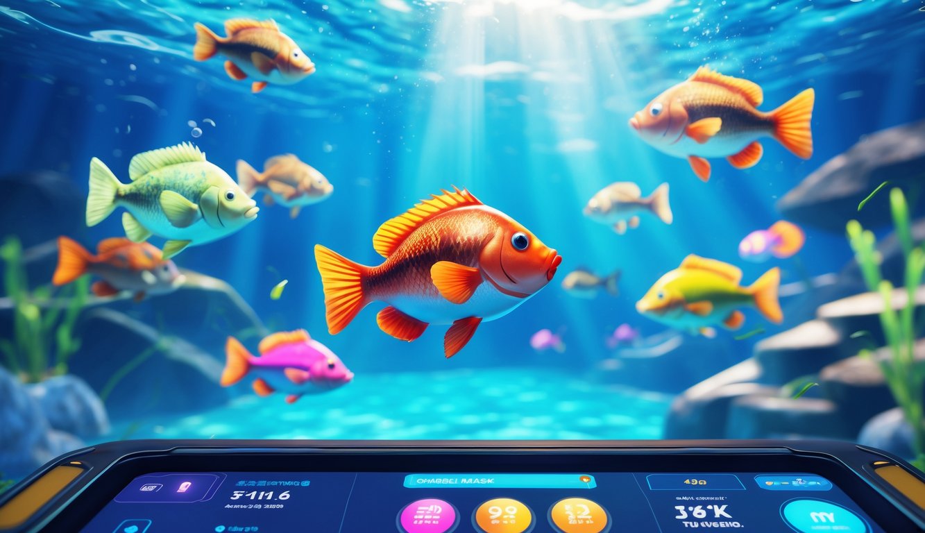 Adegan bawah laut dengan berbagai ikan berwarna-warni dan antarmuka permainan digital yang menunjukkan pengalaman bermain tembak ikan 2D yang cepat dan terpercaya.