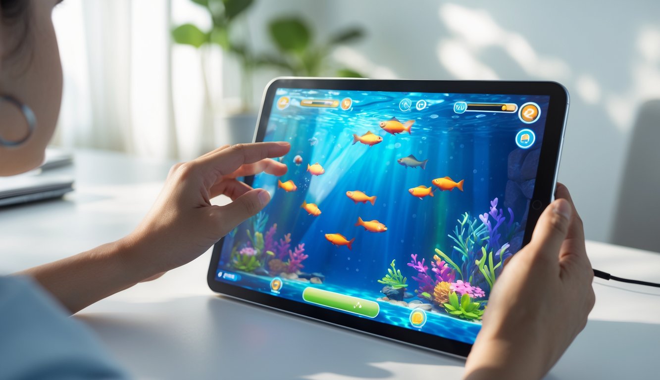 Seseorang sedang bermain game tembak ikan 2D di tablet dengan fokus dan menggunakan strategi.