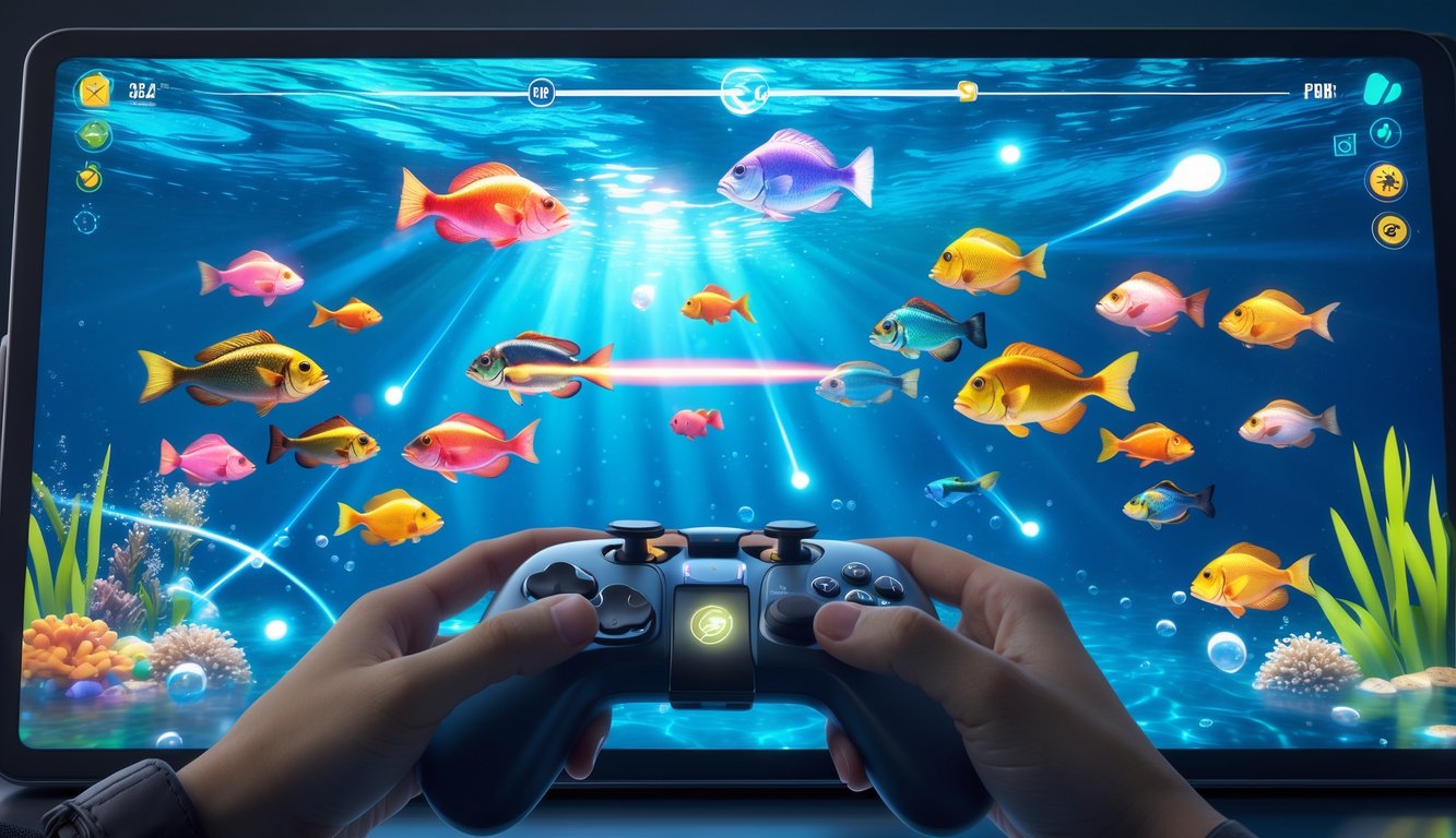 Tampilan layar permainan tembak ikan 2D dengan ikan berwarna-warni di bawah laut dan tangan pemain yang sedang mengendalikan permainan.