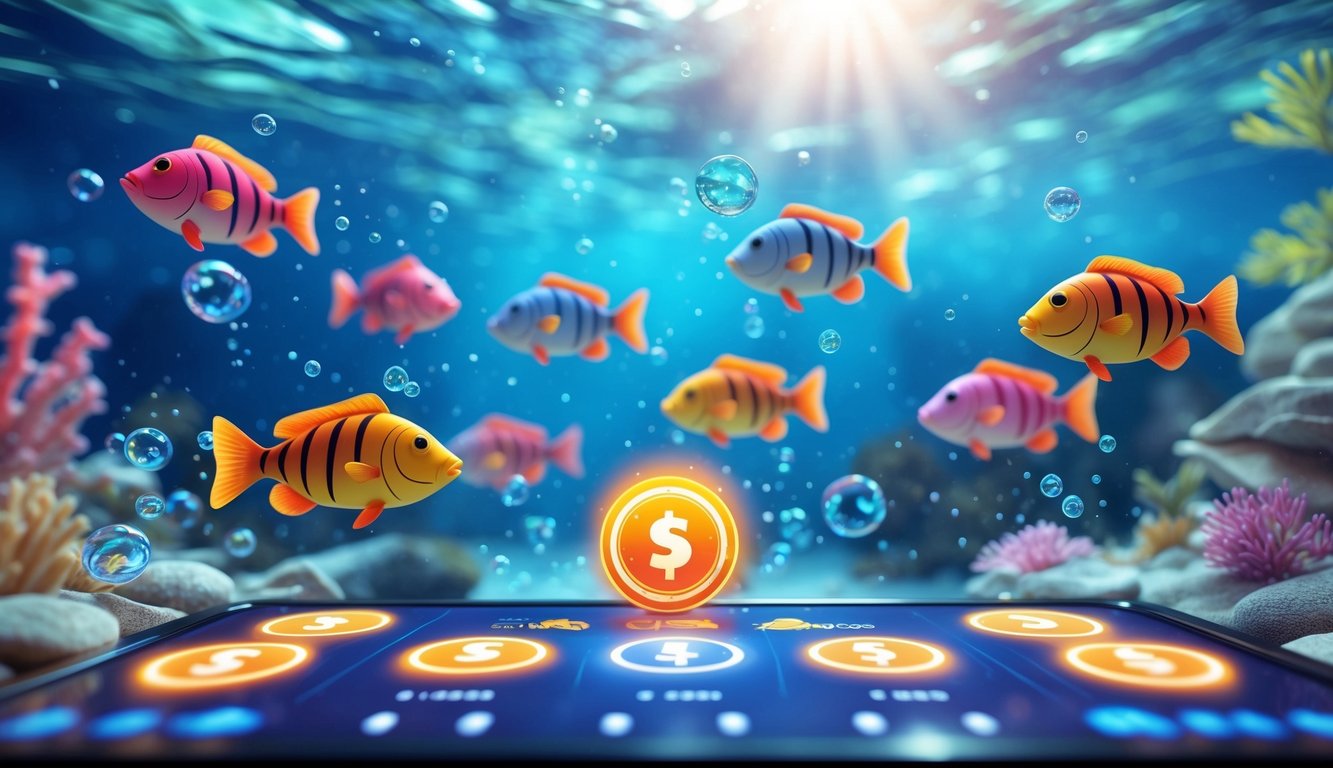 Pemandangan bawah laut dengan ikan-ikan berwarna-warni dan elemen permainan digital yang menunjukkan suasana permainan tembak ikan dengan hadiah harian.