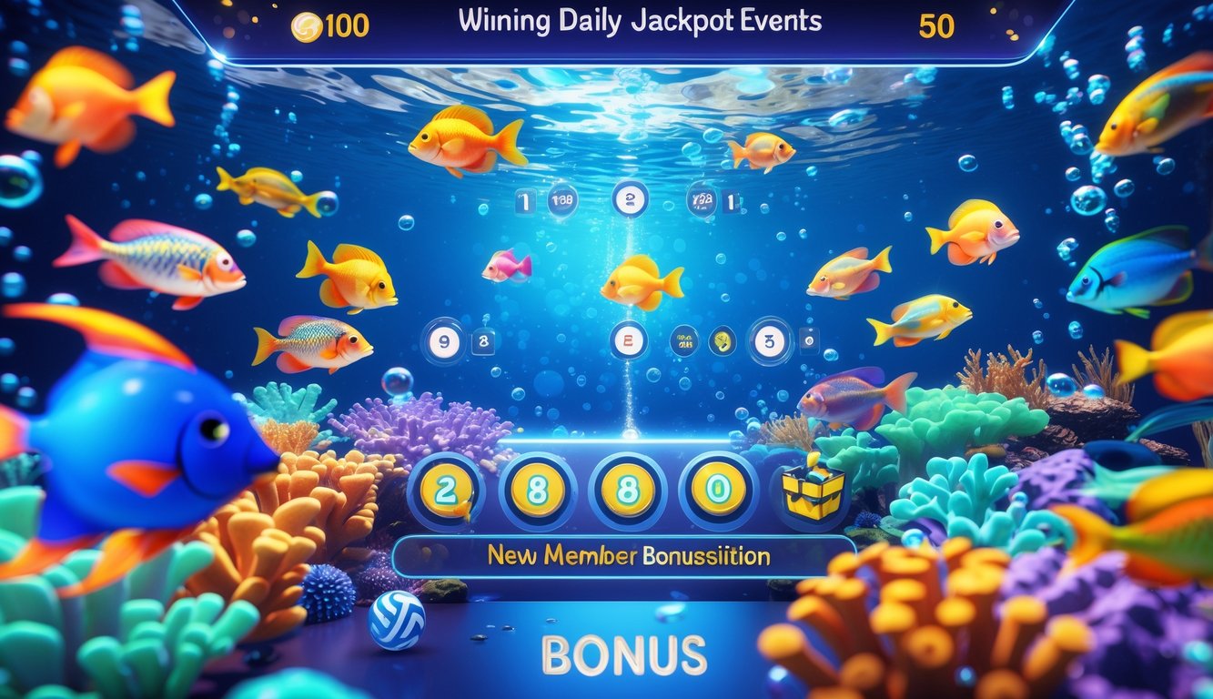 Latar bawah laut berwarna-warni dengan berbagai ikan dan antarmuka permainan tembak ikan 2D yang modern.