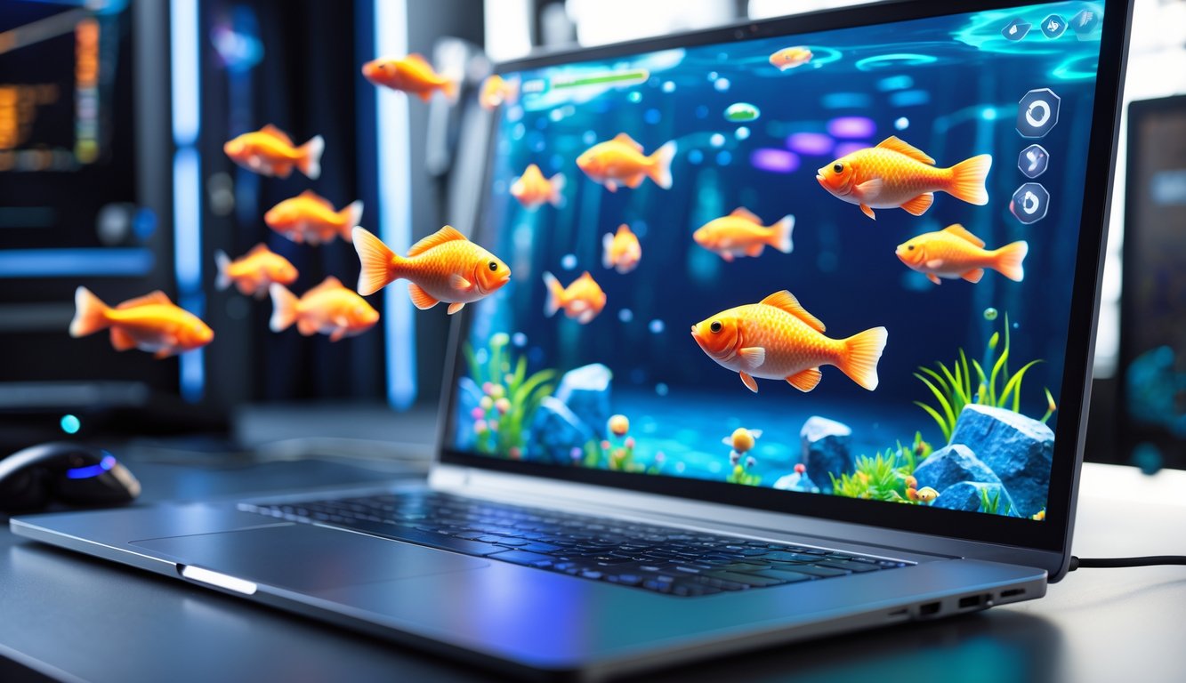 Tampilan layar perangkat dengan permainan tembak ikan 2D yang menampilkan ikan berwarna-warni bergerak lancar.