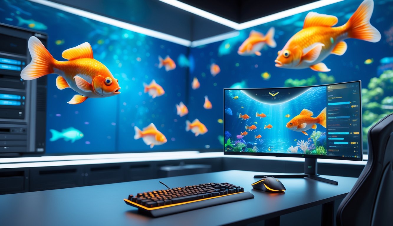 Layar komputer dengan permainan tembak ikan 2D yang stabil dan lancar, dengan latar bawah laut berwarna-warni dan ikan bergerak dinamis.