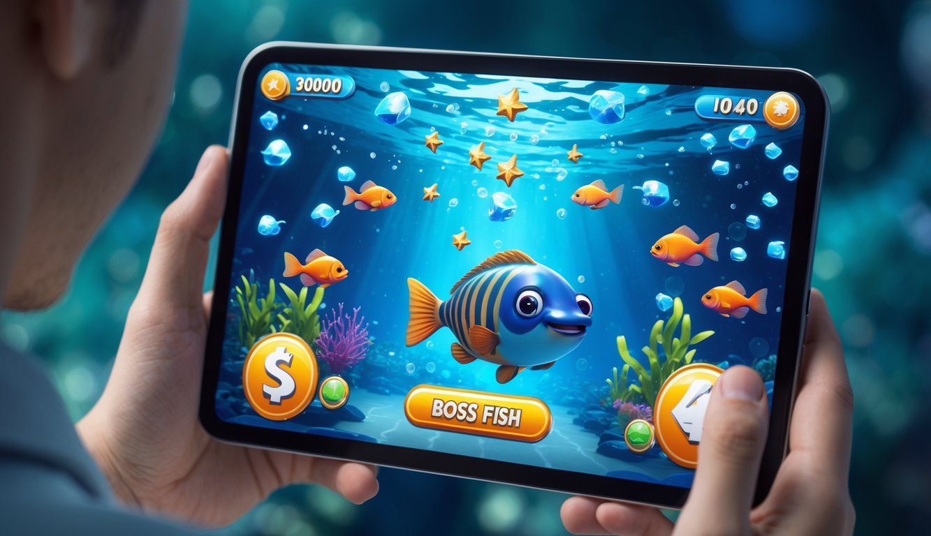 Seseorang sedang bermain game menembak ikan 2D di layar perangkat digital dengan latar bawah laut penuh ikan warna-warni dan karakter ikan bos.