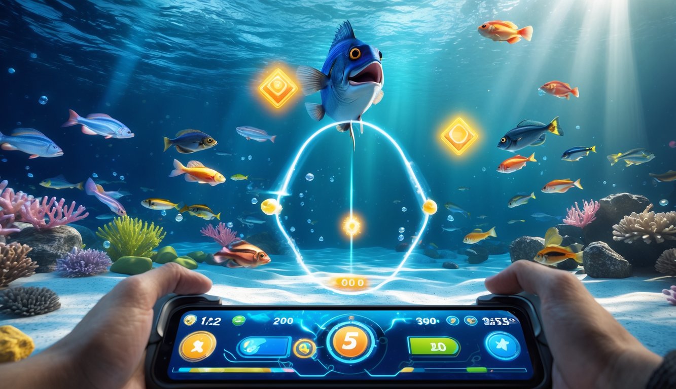 Layar permainan tembak ikan 2D dengan ikan berwarna-warni, antarmuka permainan, dan ikan bos besar di latar bawah laut.