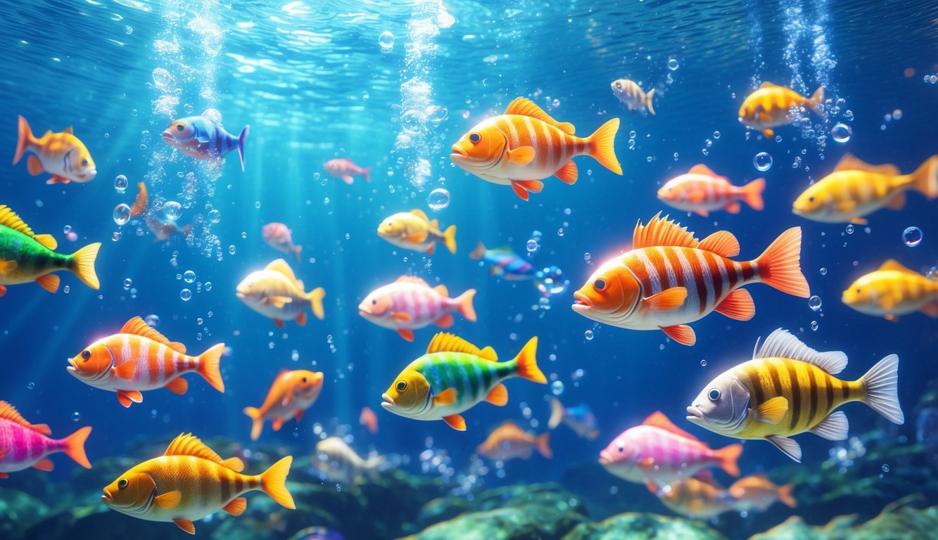 Pemandangan bawah laut dengan ikan warna-warni berenang di air jernih, menggambarkan permainan tembak ikan 2D yang menarik dan penuh peluang menang.