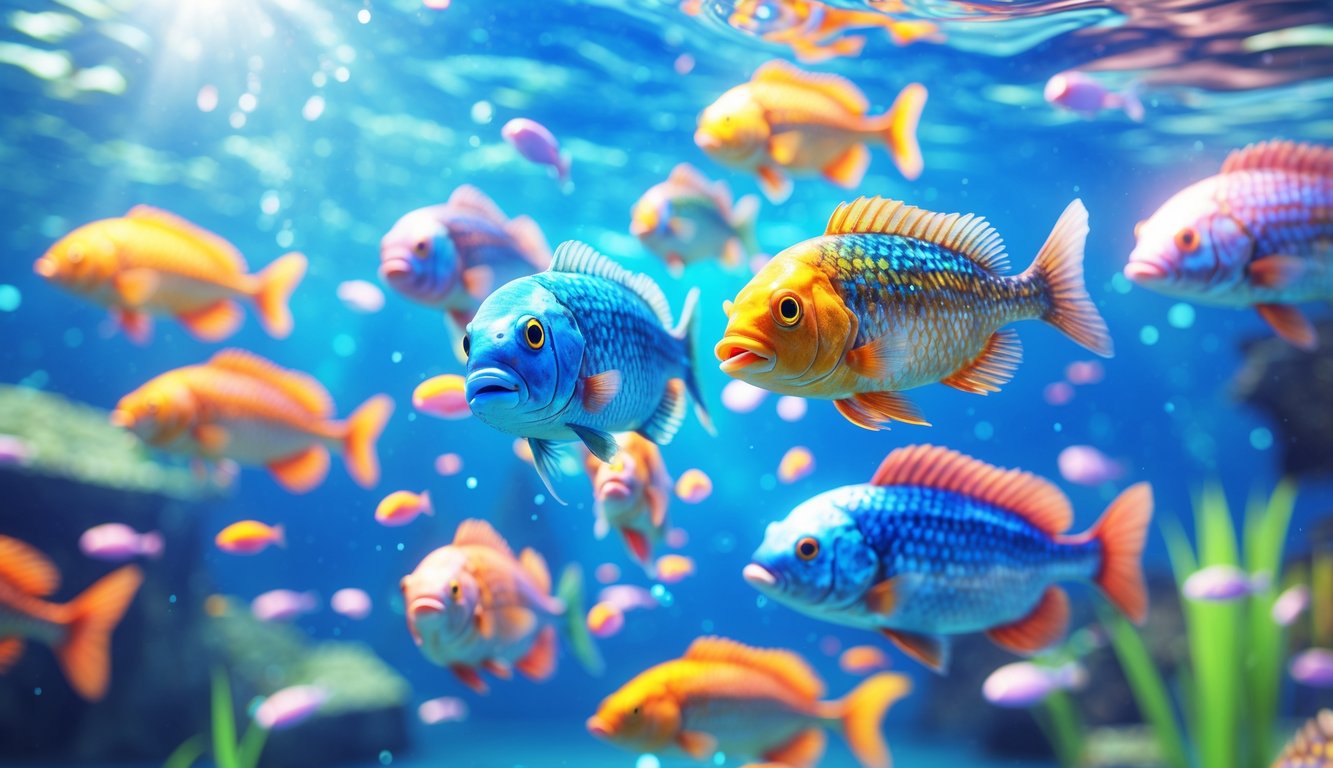 Pemandangan bawah laut dengan berbagai ikan berwarna-warni berenang di air jernih dengan cahaya matahari yang menyinari dari atas.