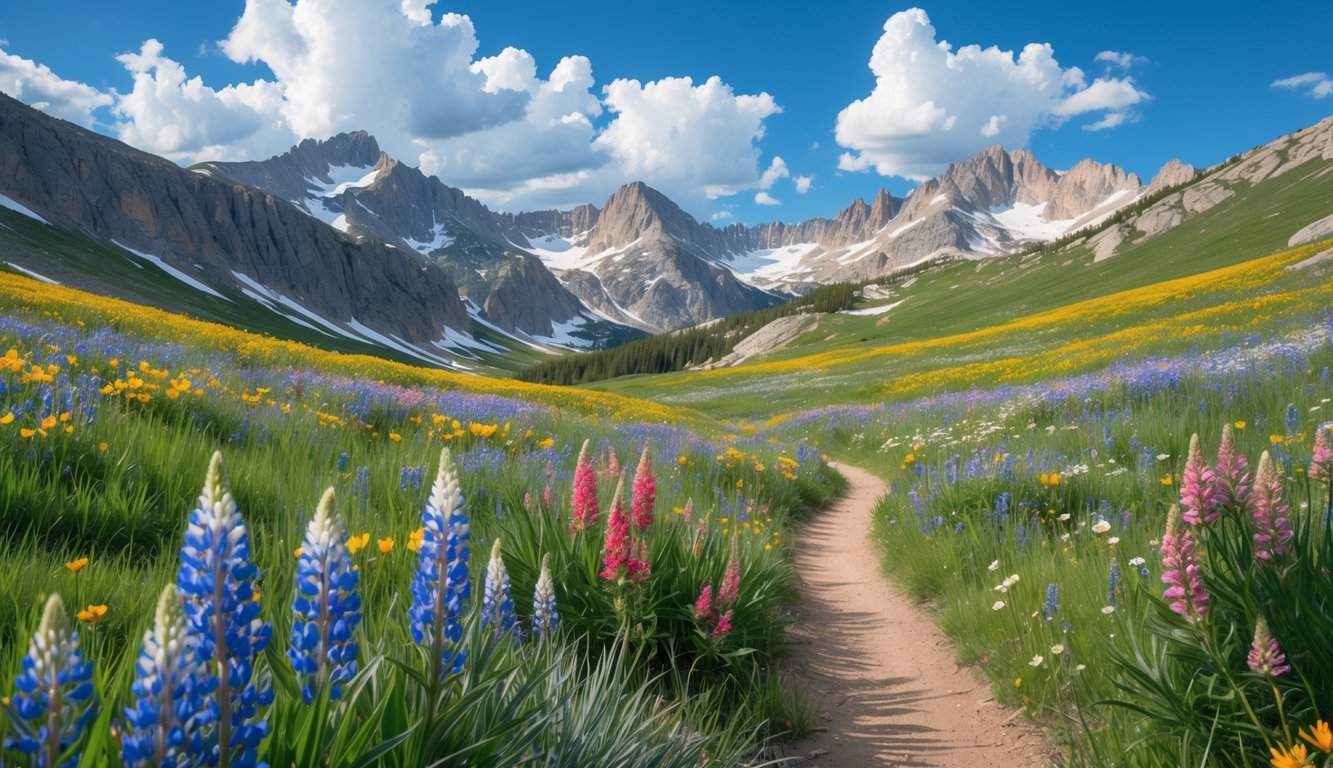 A wildflower meadow with colorful flowers and a hiking trail in Rocky Mountain National Park, with snow-capped mountains in the background under a blue sky.