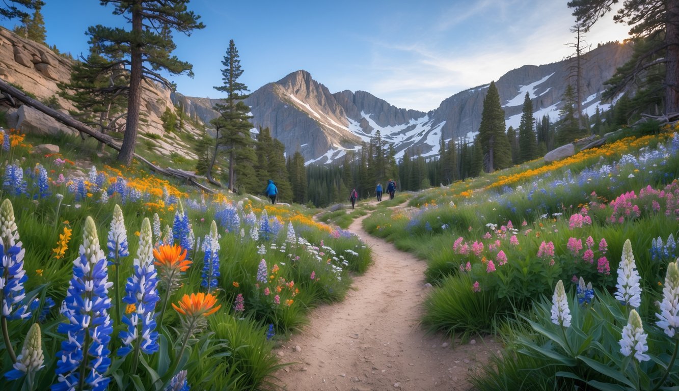 A winding hiking trail surrounded by colorful wildflowers with pine trees and snow-capped mountains in the background.