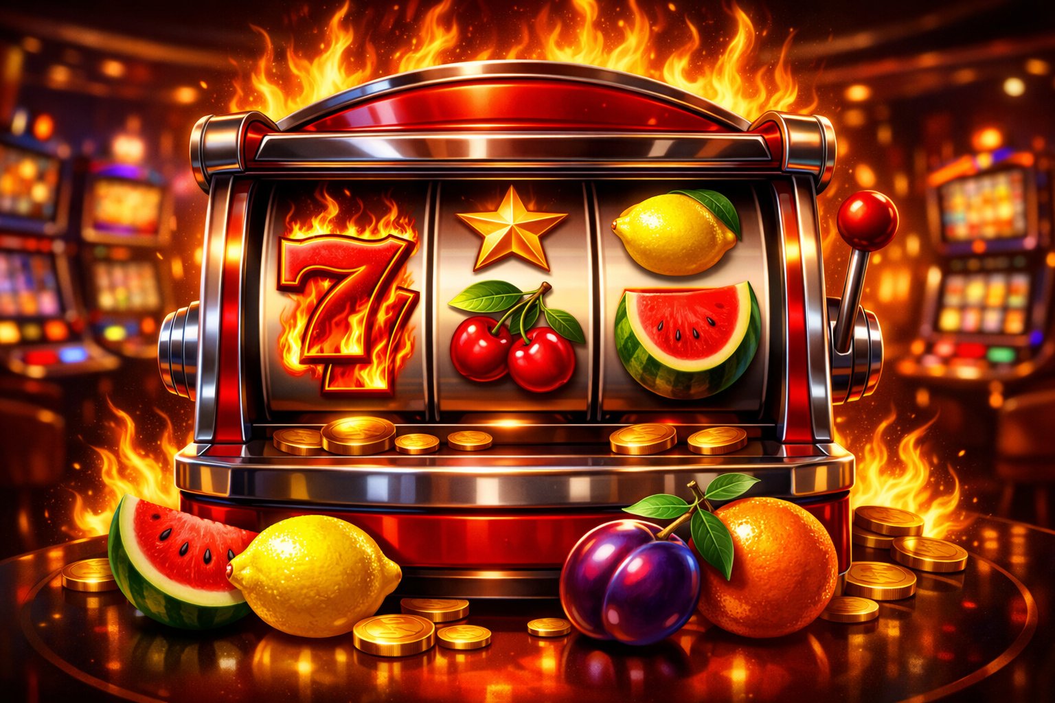 A Slot Machine With Classic Fruit Symbols And Fiery Sevens Surrounded By Flames In A Lively Casino Setting.