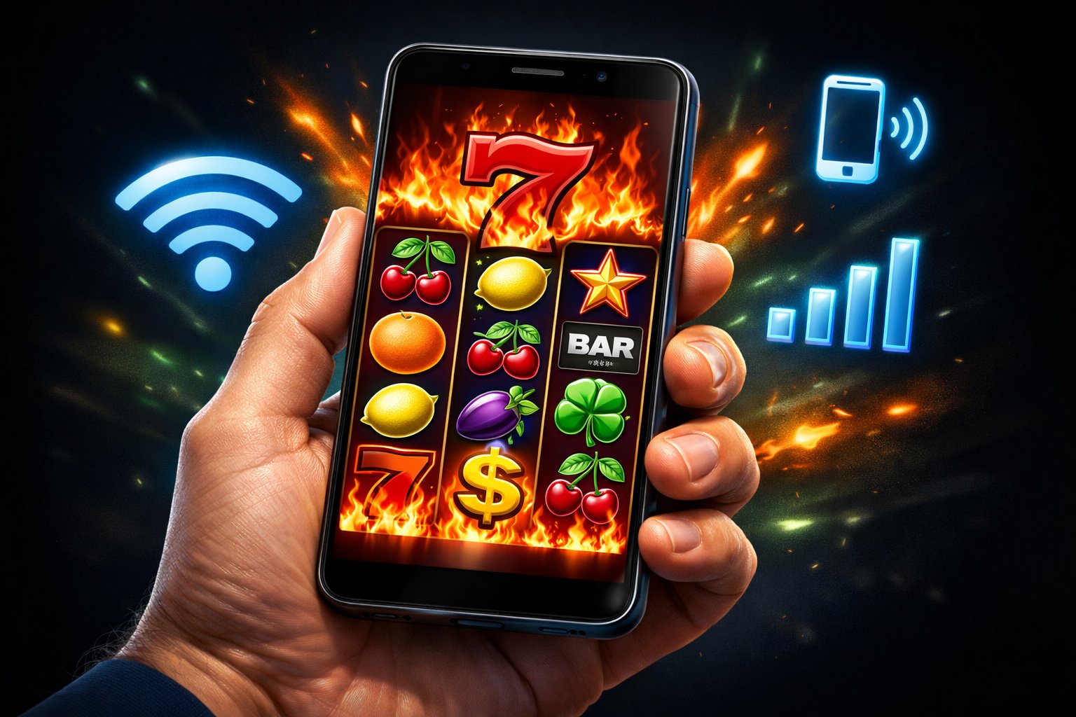 A Smartphone Displaying Colorful Slot Machine Reels With Fruit Symbols And Fiery Elements, Held In A Hand With Icons Representing Wireless Connectivity Around It.