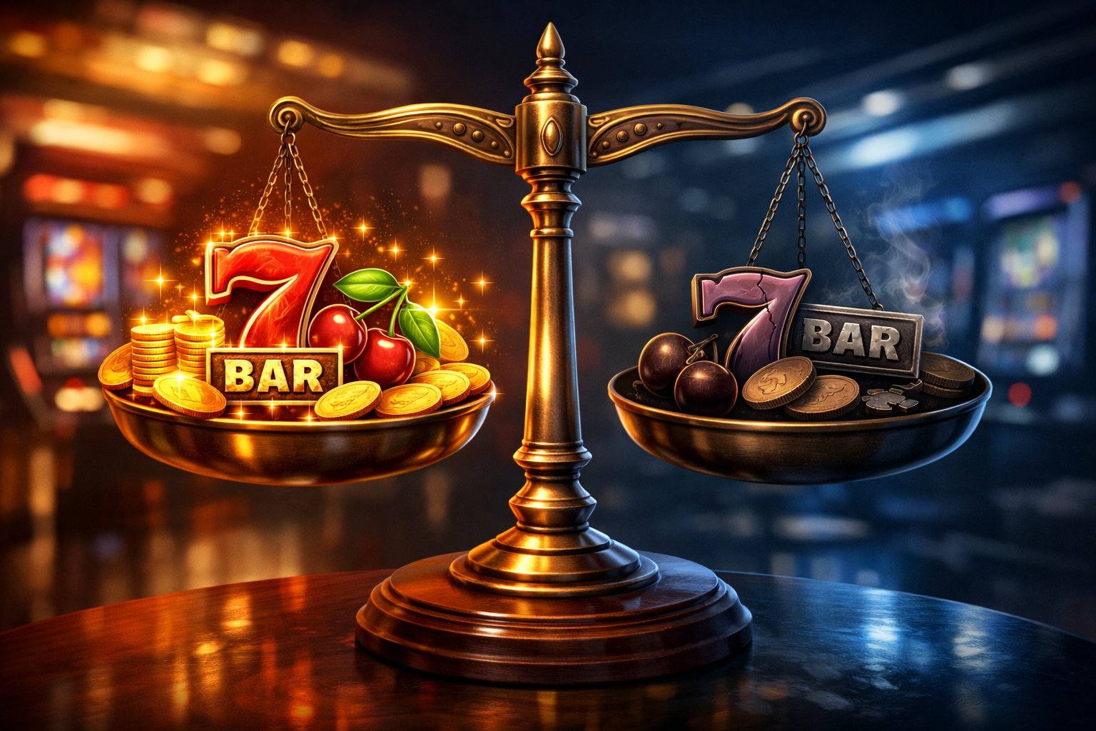 A Balanced Scale Showing Glowing Slot Machine Symbols And Coins On One Side And Dimmer Slot Symbols On The Other, Set Against A Subtle Casino Background.
