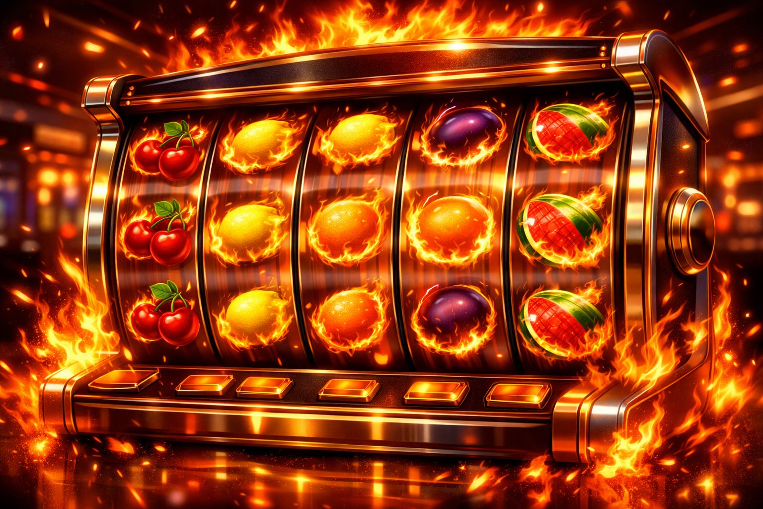 A Brightly Lit 6Reel Slot Machine With Classic Fruit Symbols Surrounded By Flames In A Casino Setting.