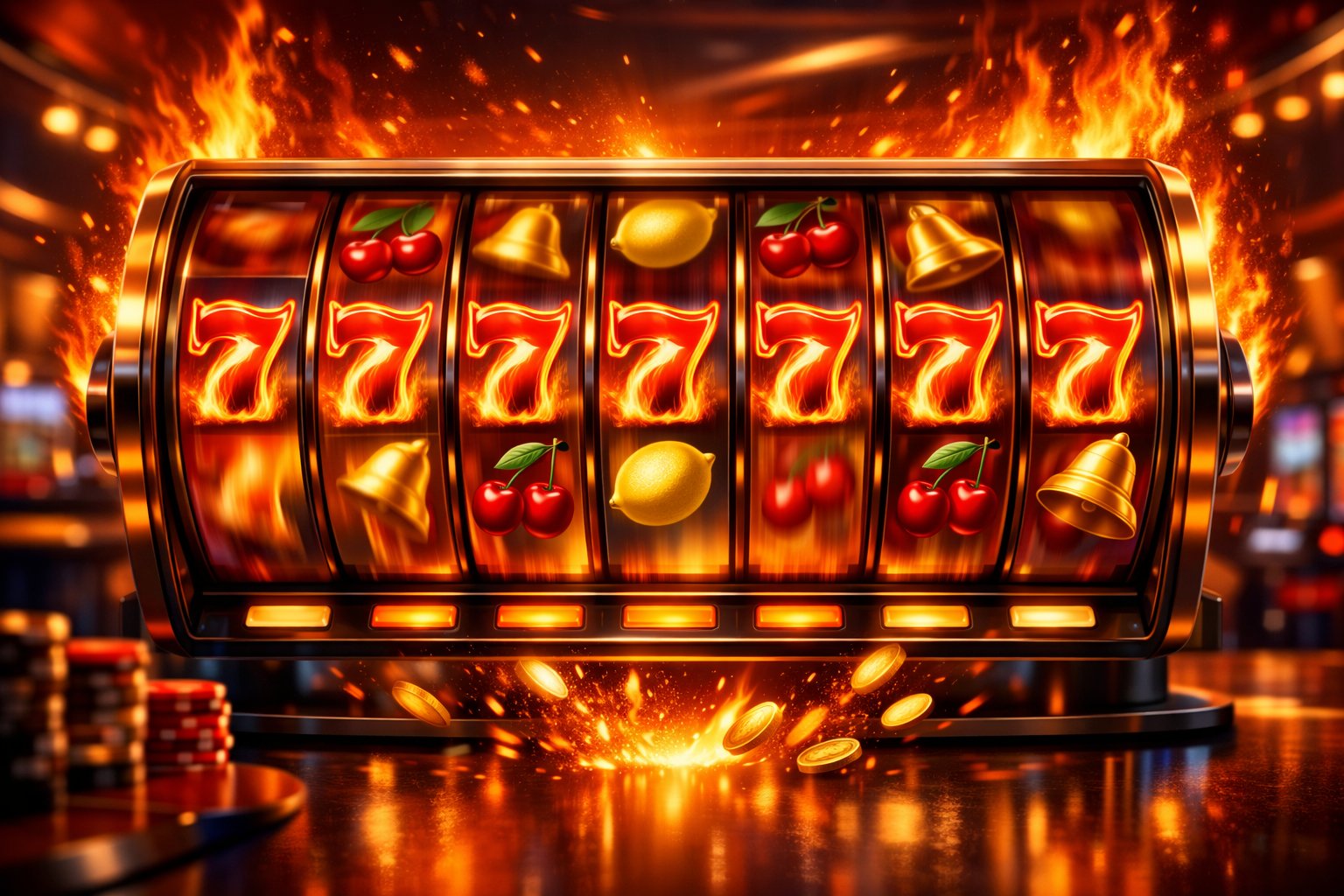 A 6Reel Slot Machine With Fiery Symbols Like Sevens, Cherries, And Bells Spinning Amid Glowing Flames And Spark Effects.