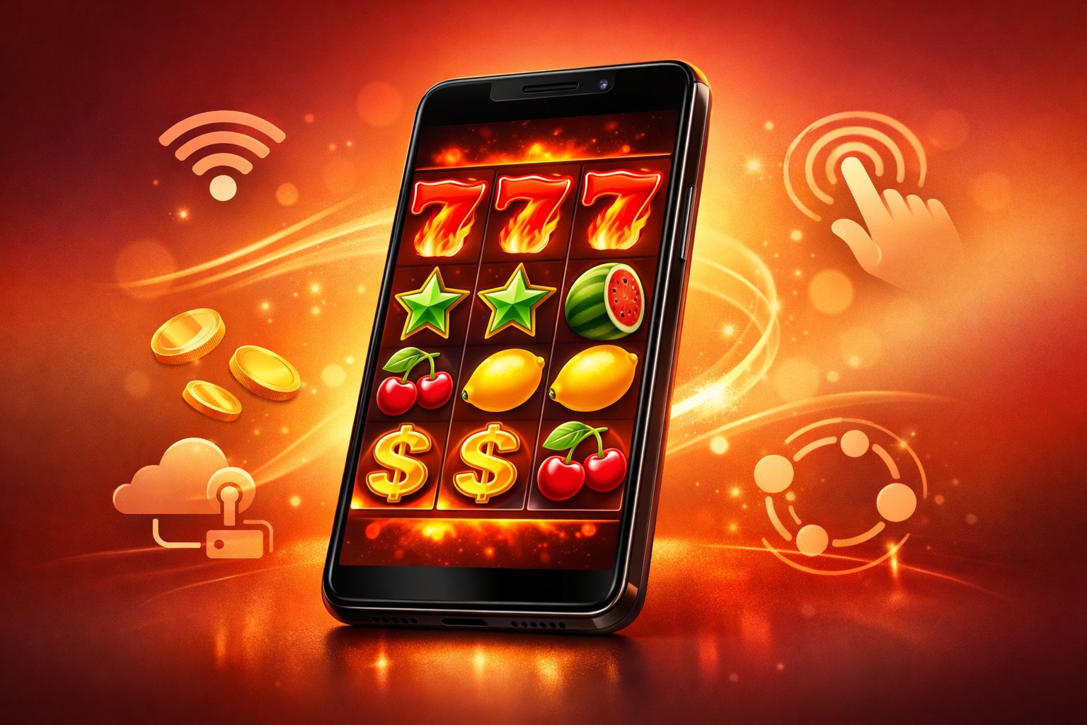 A Modern Smartphone Showing A Colorful Slot Game With Fiery Fruit Symbols And Glowing Icons, Surrounded By Abstract Elements Representing Mobile Connectivity.