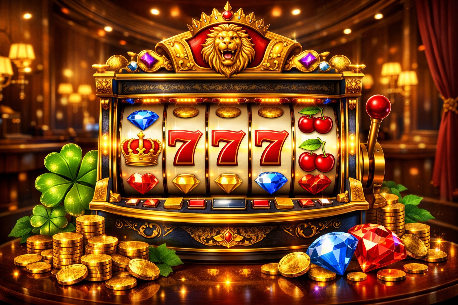A Detailed Illustration Of A Golden Slot Machine With Colorful Symbols And Lucky Charms In A Luxurious Casino Environment.