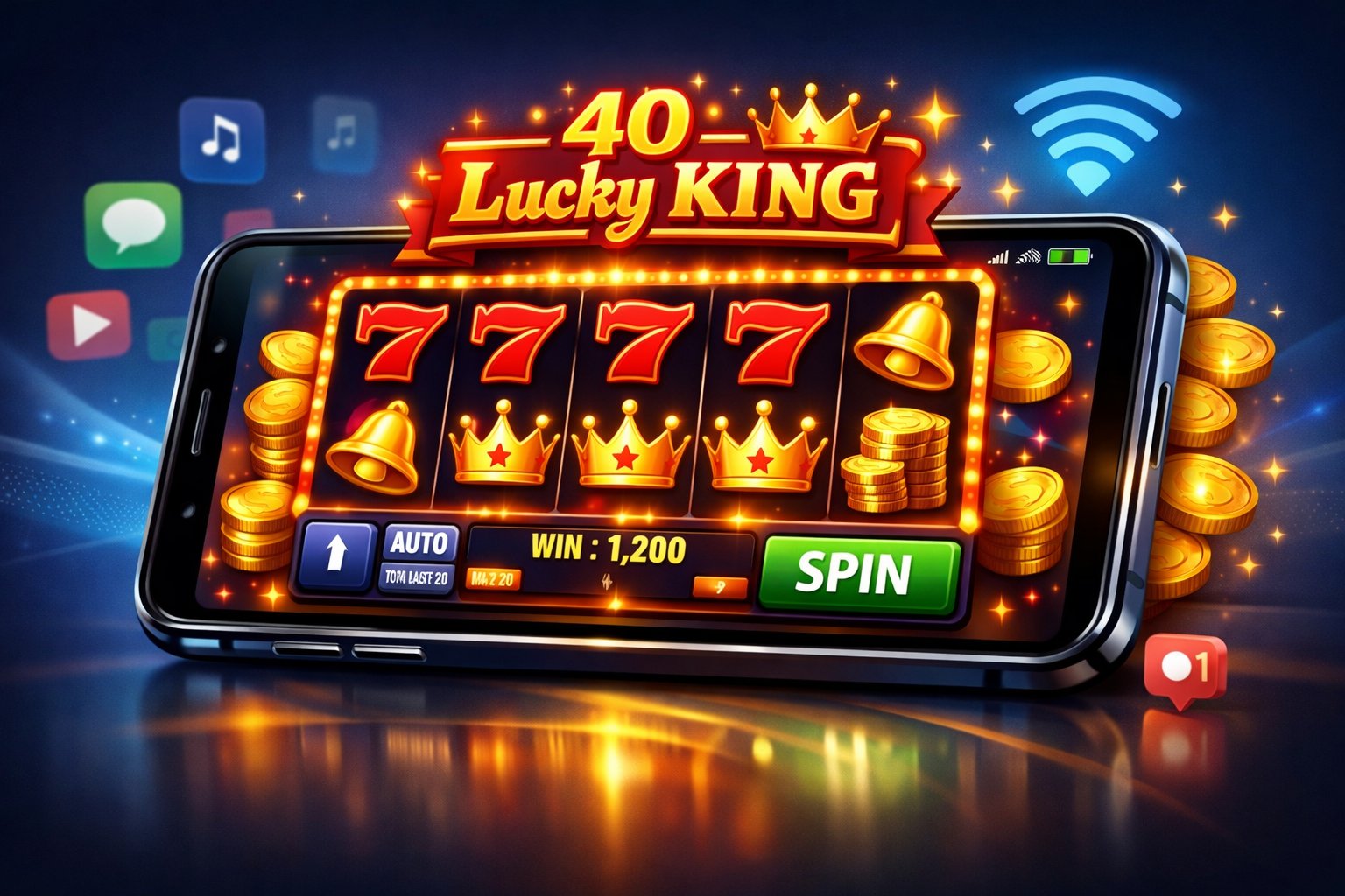 A Smartphone Showing A Colorful Slot Machine Game With Lucky Sevens, Crowns, And Gold Coins On The Screen.