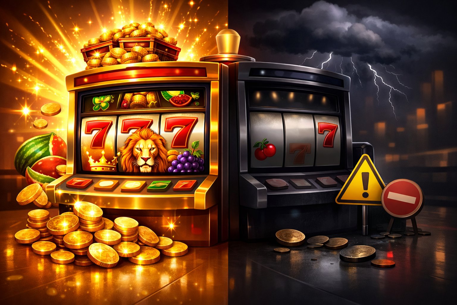 A Slot Machine With Symbols And Coins Showing A Balanced Scene Of Positive And Negative Aspects, Set In A Casino Environment.