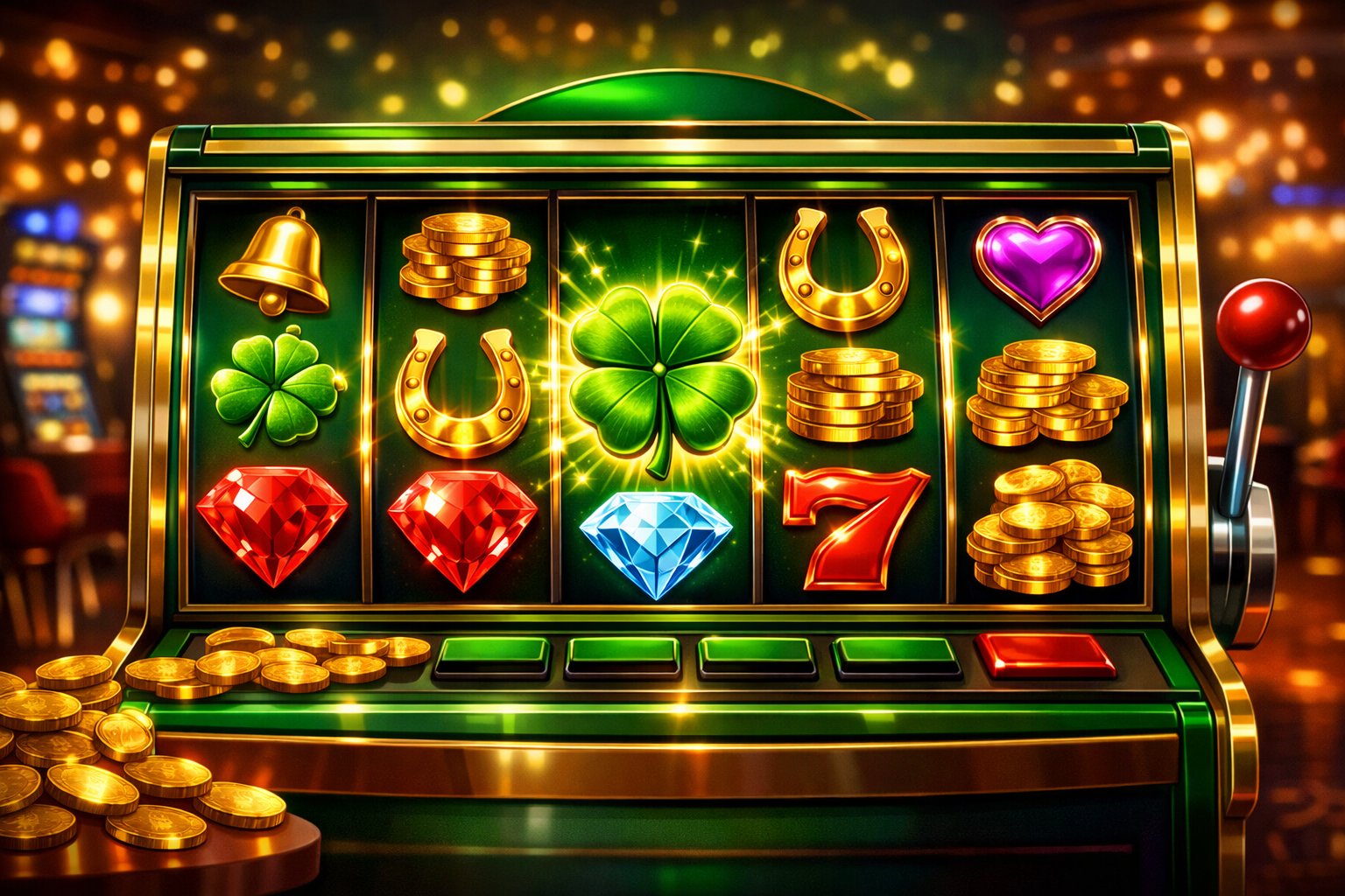A Detailed Slot Machine With Reels Showing FourLeaf Clovers And Other Lucky Symbols In A Lively Casino Setting.