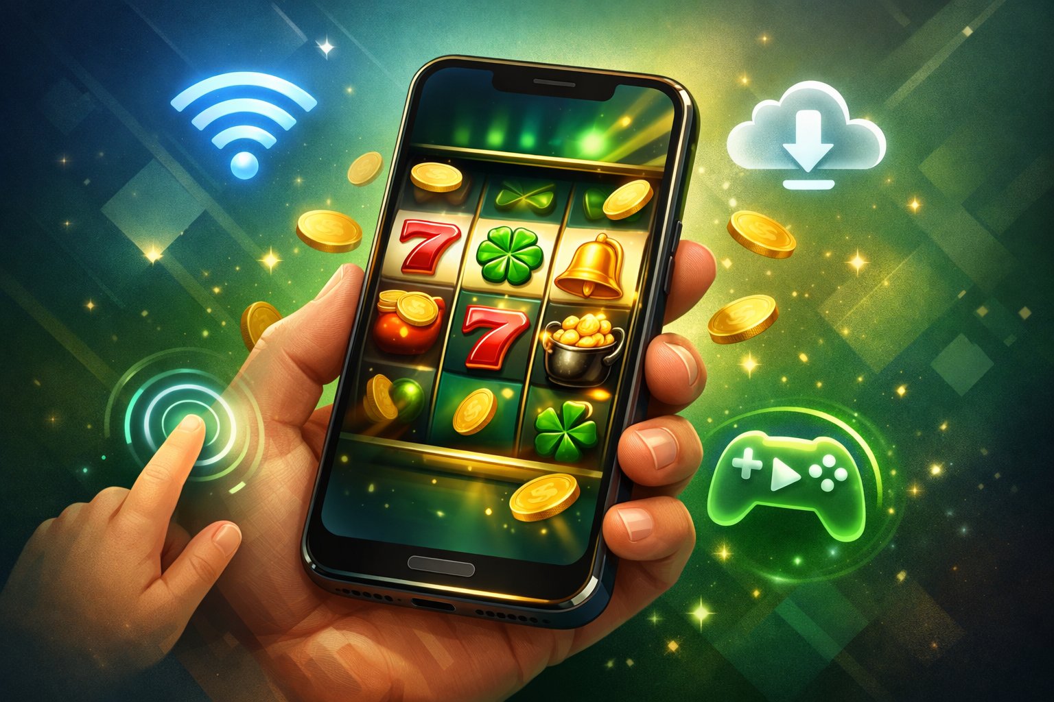 A Hand Holding A Smartphone Showing Colorful Slot Game Reels With Clover And Coin Symbols, Surrounded By Icons Representing Mobile Connectivity And Gameplay.