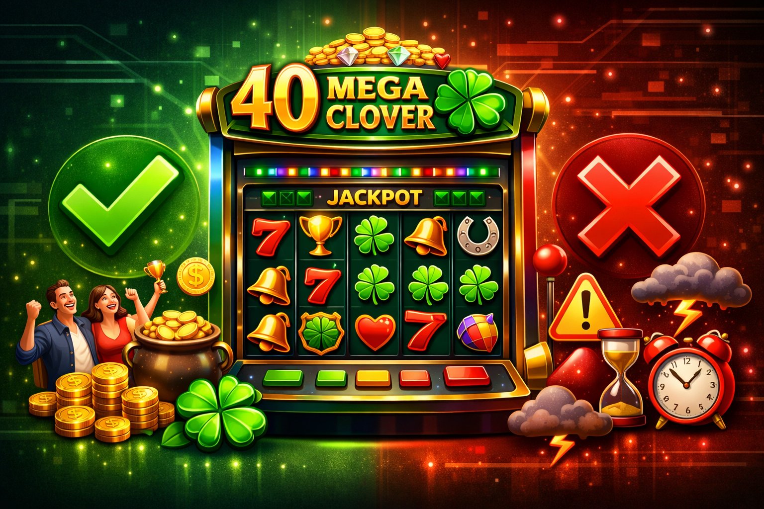 A Slot Machine With Clover Symbols In The Center, Flanked By Icons Representing Advantages On One Side And Disadvantages On The Other.