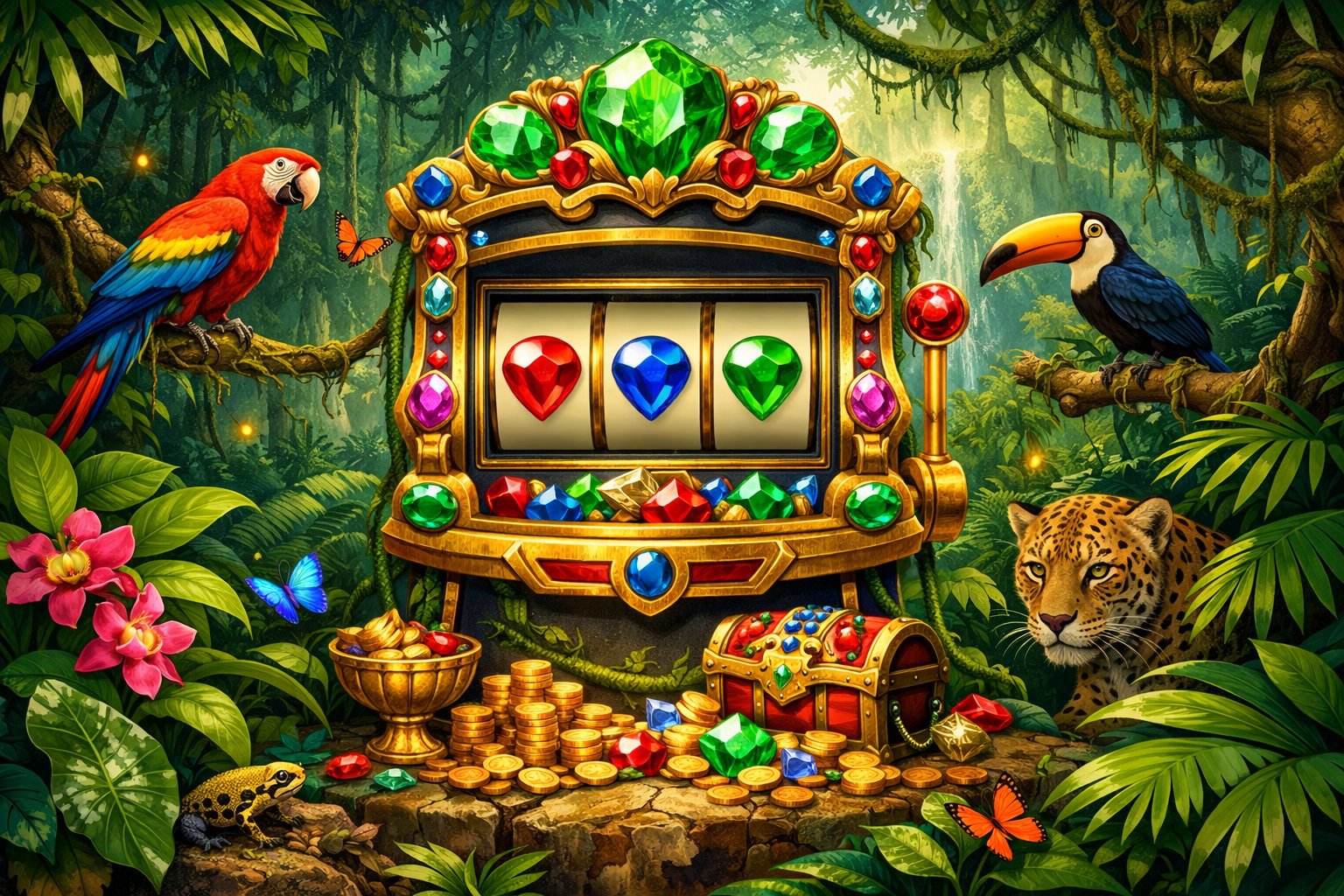 An Amazon Rainforest Scene Featuring A JewelThemed Slot Machine Surrounded By Lush Plants And Wildlife.
