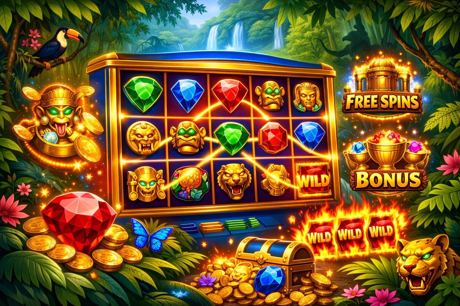 A Slot Machine With Five Reels Displaying Colorful Jewel Symbols Surrounded By Amazon Rainforest Scenery And Glowing Gameplay Elements.