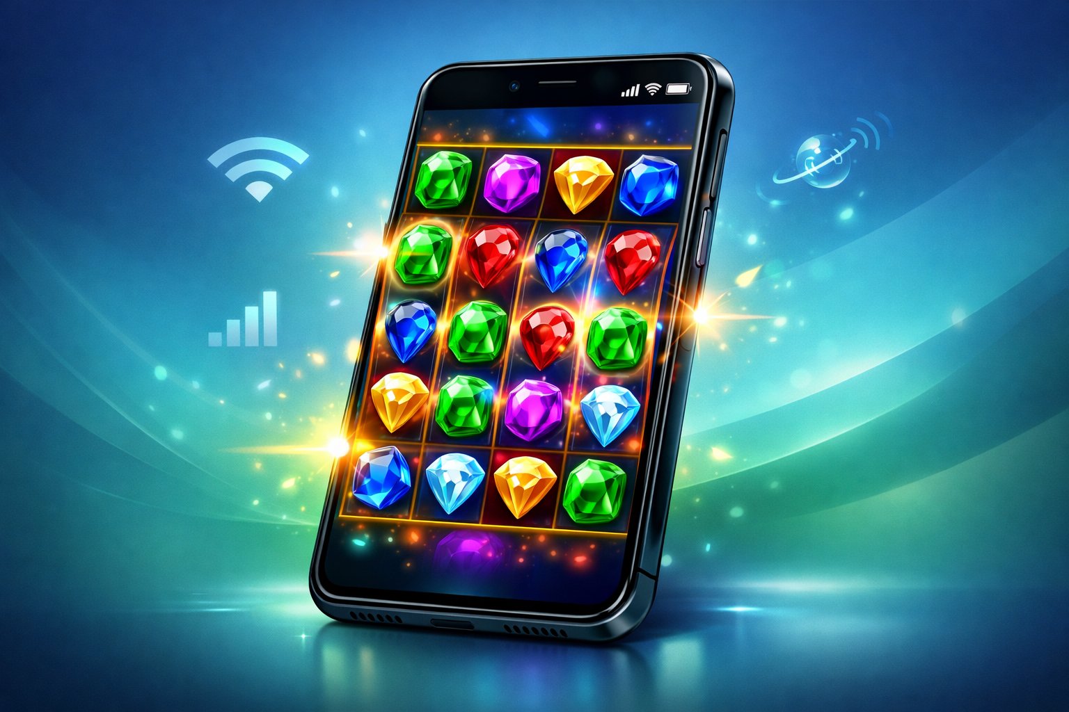 A Smartphone Displaying A Colorful Slot Machine Game With Sparkling Jewels And Spinning Reels, Surrounded By Digital Icons Indicating Mobile Connectivity.