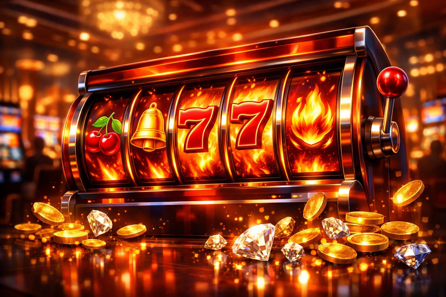 A Glowing Slot Machine With Five Reels Showing Classic Symbols And Fiery Colors, Surrounded By Falling Coins And Gems In A Casino Setting.
