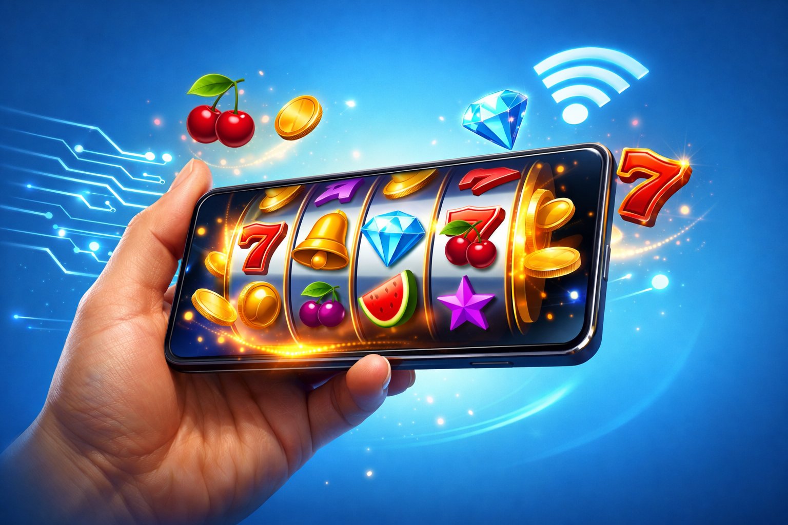 A Hand Holding A Smartphone Showing Colorful Slot Game Reels Spinning, Surrounded By Digital Connectivity Symbols.