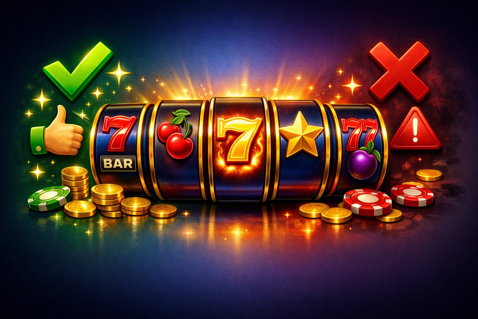 Five Colorful Slot Machine Reels With Classic Symbols Surrounded By Icons Representing Advantages And Disadvantages, Set Against A Dark Blue To Purple Gradient Background With Scattered Gold Coins And Casino Chips.