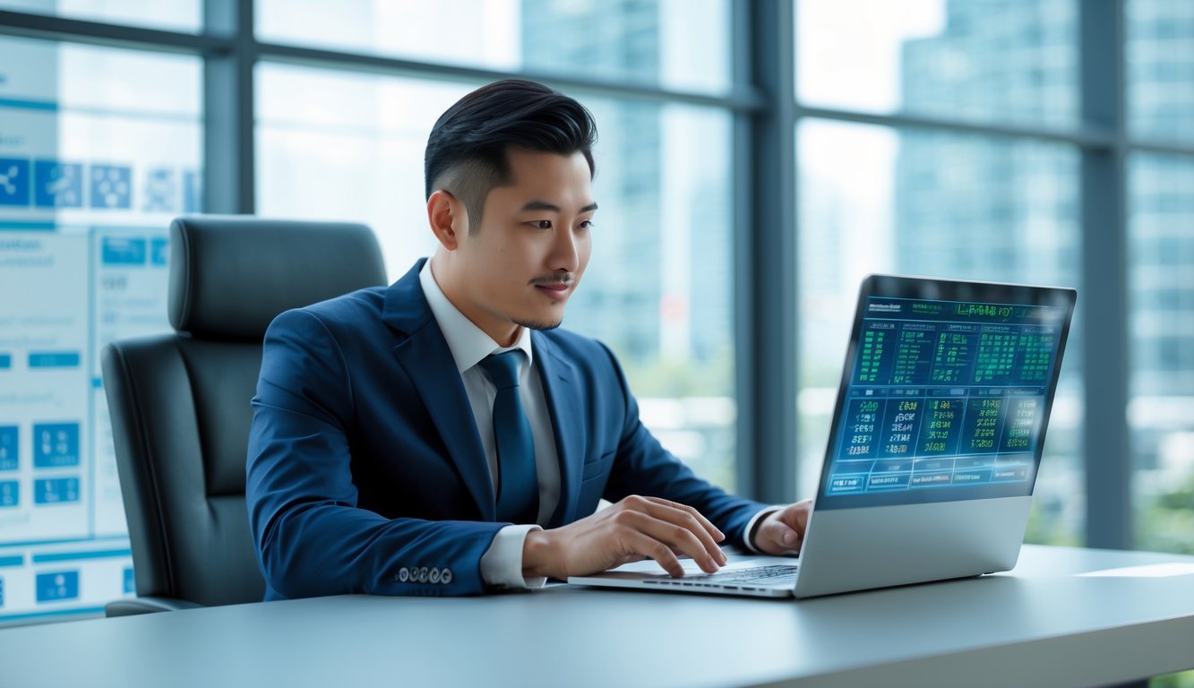 Seorang pria bisnis Asia duduk di meja kantor modern dengan laptop, fokus melihat data dan grafik yang berhubungan dengan togel 4D, dengan latar belakang jendela besar dan pemandangan kota.