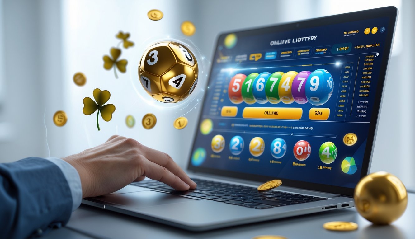 Sebuah laptop di meja kerja menampilkan antarmuka lotere online dengan bola lotere dan tangan yang sedang berinteraksi dengan perangkat.