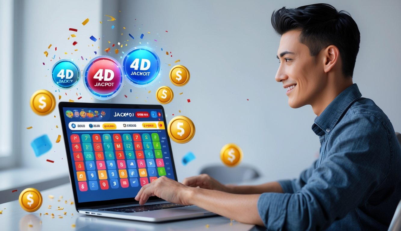 Seseorang menggunakan laptop dengan tampilan permainan lotere online 4D di meja kerja modern.