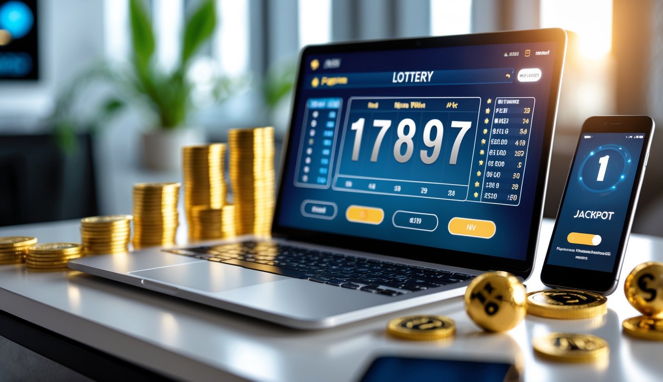 Meja kerja modern dengan laptop yang menampilkan antarmuka lotere digital, koin emas, bola lotere bernomor, dan ponsel dengan notifikasi jackpot.