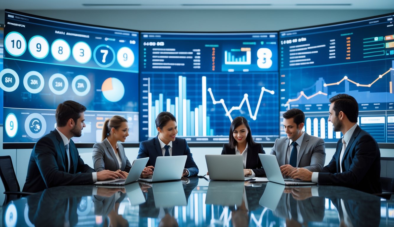 Sekelompok profesional bisnis sedang bekerja dan berdiskusi di ruang kantor modern dengan layar digital menampilkan data dan grafik pasar.