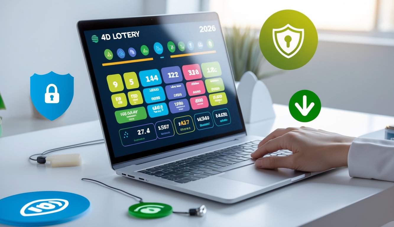 Sebuah komputer modern di meja dengan layar menampilkan grafik dan angka terkait lotere, dikelilingi simbol keamanan seperti gembok dan perisai, menggambarkan lingkungan lotere online yang aman dan terpercaya.
